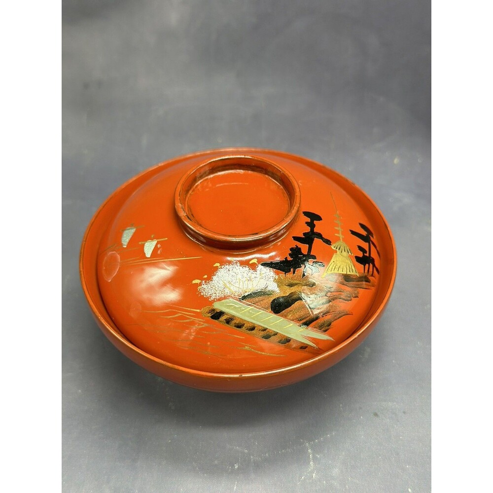 Japanese LacquerWare Bamboo Set Of 4 Lidded Bowls Asian Soup Rice Bowls